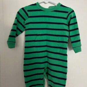 Primary baby sweatshirt romper in navy blue / green stripes (3-6mo)